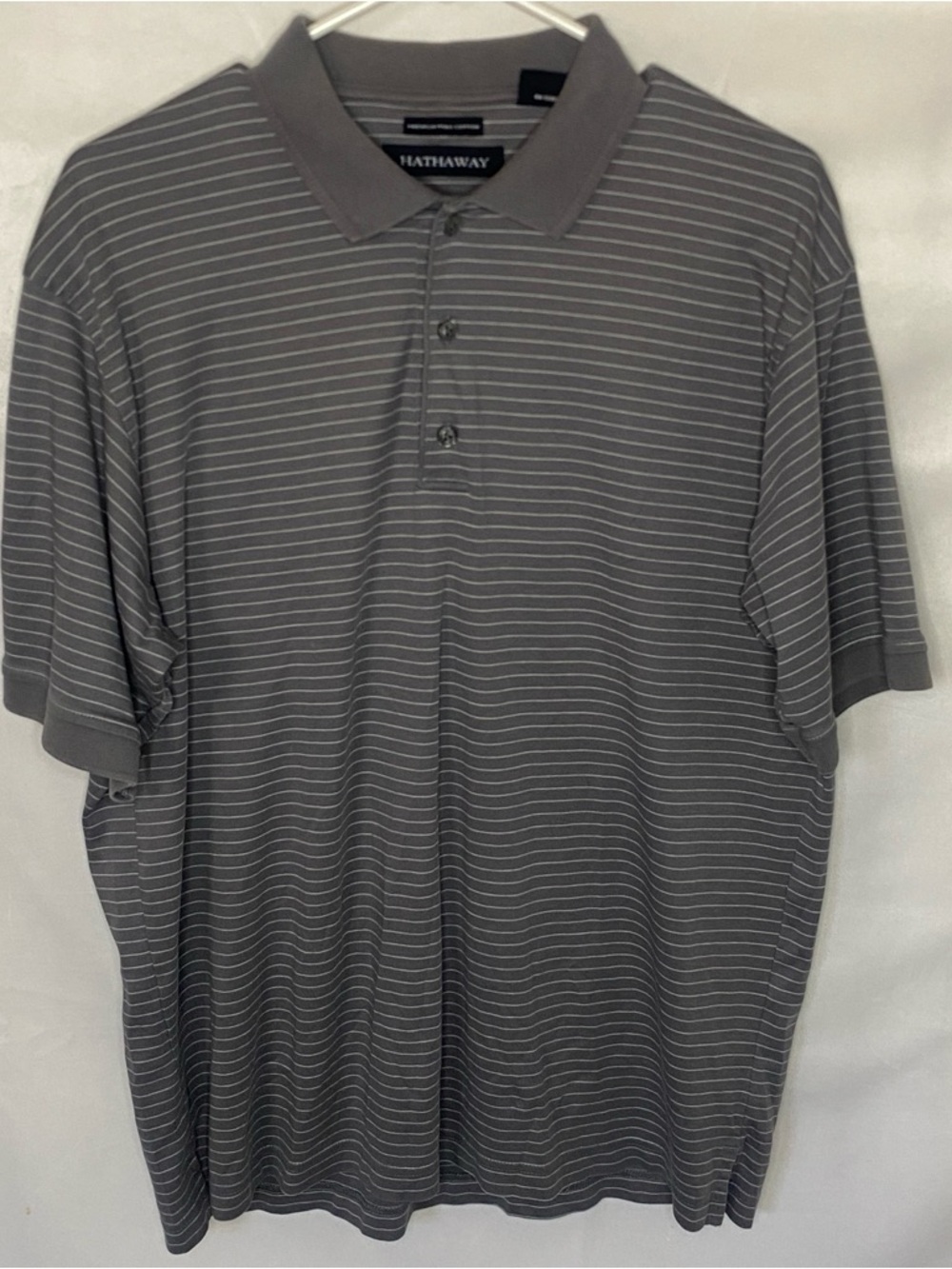 Hathaway Men’s Polo Shirt Medium Gray White Pinstripe Premium Pima Cotton